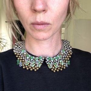 Silver, green and brass beaded collar necklace. Adjustable lengths.